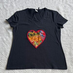 Optima Black V-Neck Top with Colorful Heart Patch Sz S